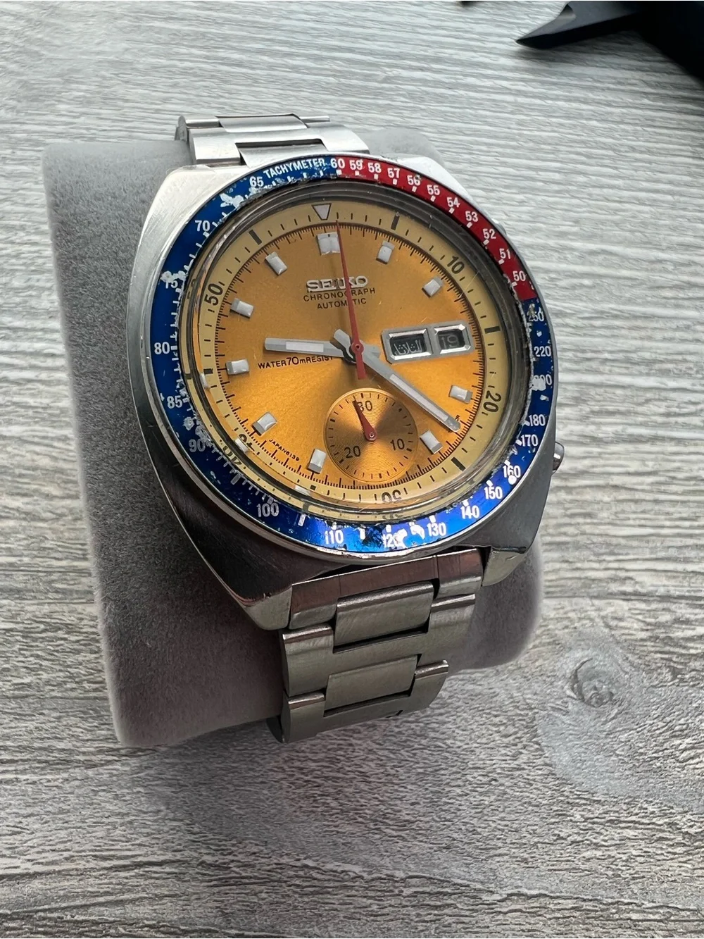 Seiko Pogue Yellow Dial Chronograph Watch with Blue and Red Tachymeter Bezel